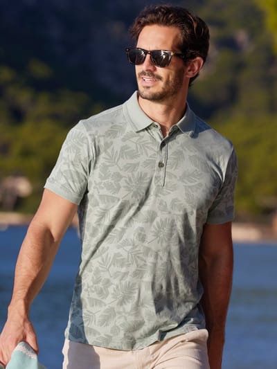 LERROS Poloshirt met stijlvolle bloemenprint en comfortabele boorden , Maat: L , Kleur: BAY GREEN , 100% katoen