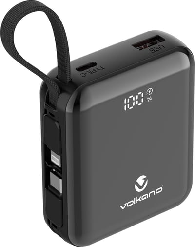 Volkano Solace - Powerbank 10000 mAh Ingebouwde Kabels - Powerbank - USB A, USB C en Lightning - Zwart