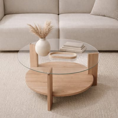 Dimehouse Ronde salontafel eiken melamine transparant glas Ø75 cm - Cairo - 75 x 75 x 40 cm - Hout - Japandi - Ovaal
