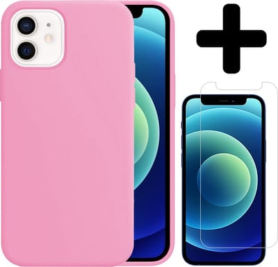 Hoesje - Met Screenprotector - Geschikt voor Apple iPhone 12 - Sterk & Shockproof - Telefoon Hoes - Back Cover - Siliconen Case - Telefoonhoes - Lichtroze