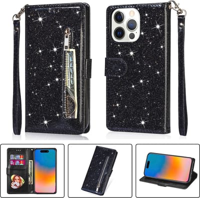Apple iPhone 15 Pro Max Glitter Telefoonhoesje - Hoogwaardig PU Leren iPhone 15 Pro Max Hoesje - Zwart