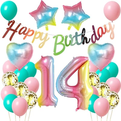 Dailygoods- Verjaardagsdecoratie 14 Jaar - Ballon 14e Verjaardag - Feest Decoratie - Roze Decoratie - Regenboog Decoratie - Meisje 14 Jaar - Feestdecoratie