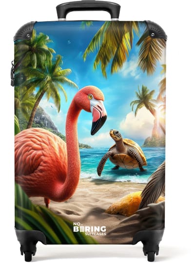 NoBoringSuitcases.com® - Kinderkoffer - Kindertrolley jongen en meisje - Flamingo en schildpad op tropisch strand - Handbagage koffer lichtgewicht - Reiskoffer trolley kinderen - Rolkoffer met wieltjes - Past binnen 55x40x20 en 55x35x25