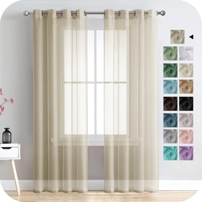 PolkaHome Voilegordijnen, semi-transparant, kort, met zeilringen, linnenlook, voor woonkamer, slaapkamer, kinderkamer, beige (biscuit), 280 x 140 cm (l x b), set van 2
