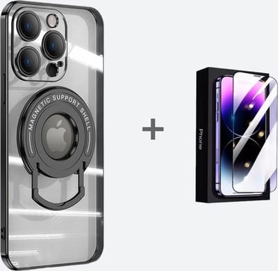 iphone 15 pro hoesje-Hoesje geschikt voor iPhone 15 Pro Magsafe Hoes Transparant-Iphone 15 Pro screenprotector - IPhone 15 Pro Magsafe Case - Extra Camera Bescherming -MagsafeHoesje - Hoesje Met Standaard - Zwart