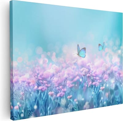 Artaza Canvas Schilderij Bloemenveld - 40x30 cm - Klein - Wanddecoratie Vlinders - Muurdecoratie Woonkamer - Kamer Accessoires