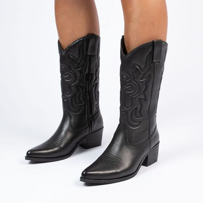Manfield - Dames - Zwarte leren cowboy laarzen - Maat 36
