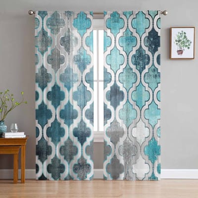 Retro Abstract Schilderij Gevlekt Marokkaans Blauwgroen Raam Tule Gordijnen voor Woonkamer Hotel Luxe Decoratie Doorzichtig Gordijn 135W x 137H(cm)