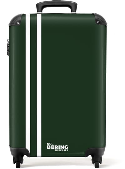 NoBoringSuitcases.com® - Handbagage koffer lichtgewicht - Reiskoffer trolley - Groen met dubbele witte strepen - Vakantie rolkoffer met wieltjes - Carryon suitcase - Flightcase - Cabin koffertje - Past binnen 55x40x20 en 55x35x25