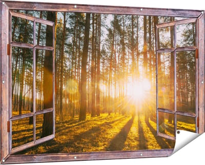 Gards Tuinposter Doorkijk Zonsopkomst in het Bos tussen de Bomen - 150x100 cm - Tuindoek - Tuindecoratie - Wanddecoratie buiten - Tuinschilderij