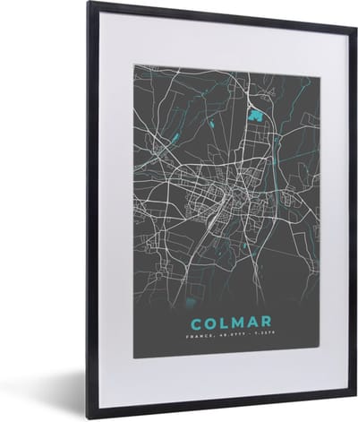 Fotolijst incl. Poster - Frankrijk – Plattegrond – Kaart – Colmar – Stadskaart - 30x40 cm - Posterlijst