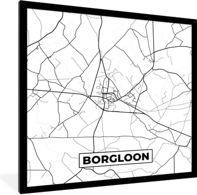 Fotolijst incl. Poster Zwart Wit- Stadskaart – Zwart Wit - Kaart – Borgloon – België – Plattegrond - 40x40 cm - Posterlijst