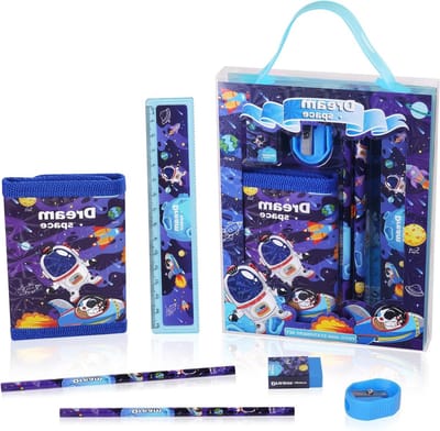 Complete Set voor Astronauten: 6-delige Kantoorbenodigdheden met Etui, Potlood, Munthouder, Liniaal, Puntenslijper en Gum voor Creatieve Projecten