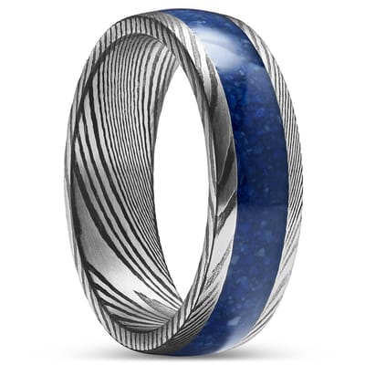 Fortis | 7 mm Gunmetalgrijze en Zilverkleurige Ring van Damascusstaal met Lapis Lazuli Inleg