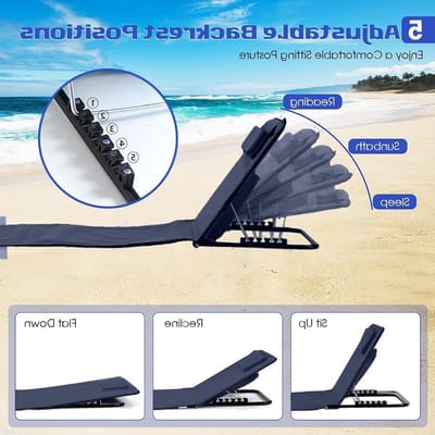 Opvouwbare Strandstoelen Set van 2 met Rugleuning, Verstelbare Zonne Mat, Draagtas en Opbergvak voor Strand, Zwembad en Tuin