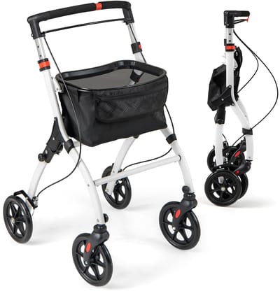COSTWAY Rollator smal voor woning, indoor huisrollator, opvouwbaar en licht, incl. dienblad, mand, 4 wielen en remmen, 5-voudig in hoogte verstelbaar, loophulp voor senioren, gewonden, wit + zwart