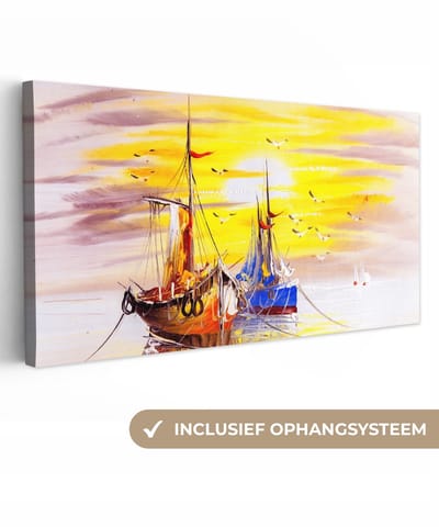 Canvas - Schilderij - Boot - Water - Oil painting - Muurdecoratie - 40x20 cm - Schilderijen op canvas - Wanddecoratie