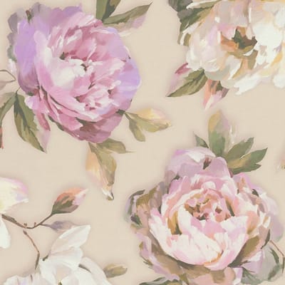 Bloemen behang Profhome 396081-GU vliesbehang hardvinyl warmdruk in reliëf licht gestructureerd met bloemmotief mat purper zuurstokroze groen beige 5,33 m2