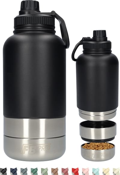 Honden drinkfles met voerbakken - Waterfles hond - Dubbelwandig - Thermosfles - Hondendrinkbak - Multifunctioneel - Hondenvoerbak - RVS Fles - Lekbestendige dop - BPA vrij - 1 Liter - Met handvat - Perfect voor onderweg - Zwart