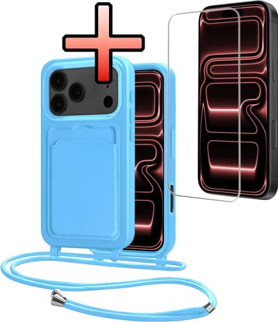 Hoes Geschikt voor iPhone 17 Pro Max Hoesje Pasjeshouder Cover Met Koord Case Siliconen Hoes Met Telefoonkoord en Kaarthouder Met Screenprotector - Lichtblauw
