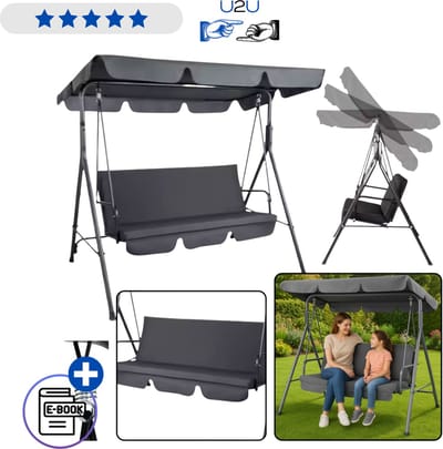 LEAN Driepersoons Tuinschommel met Ligfunctie en Dak Grijs – Luxe Schommelbank met Dik Matras en Kussens, Vrijstaand Stalen Frame, Rocking Lounger voor Tuin Terras en Balkon, Comfortabel Zitten en Liggen Buiten voor 3 Personen Met Ebook