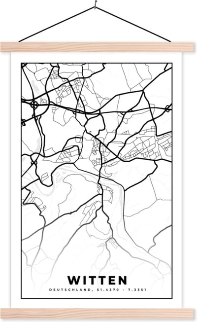 Posterhanger incl. Poster 40x60 cm - Schoolplaat - Witten - Kaart - Plattegrond - Stadskaart - Textielposter - Blanke latten - Stadskaart