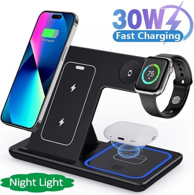 Je Huis 30W Snelle Draadloze 3-in-1 Oplader Stand | Opvouwbaar Laadstation voor iPhone, Apple Watch & AirPods Pro.