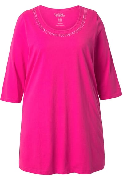 Ulla Popken - Dames - Longshirt studs A-lijn ronde hals 3/4-mouwen - Roze - Maat 42+