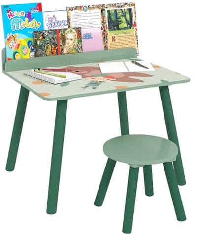 Kindertafel en Stoel Set met Boekenhouder voor Kinderen 3-8 Jaar, Berenmotief, Groene Kleur