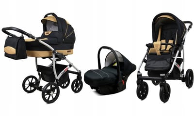 BabyLux® Kinderwagen 3in1 – LARGO - BLACK COFFE SILVER FRAME - Opklapbare Wandelwagen incl. Reiswieg, Multifunctionele Buggy Sportstoel, Autostoel - Combi-kinderwagen met Luiertas, Regenhoes, Klamboe, Bekerhouder, etc.