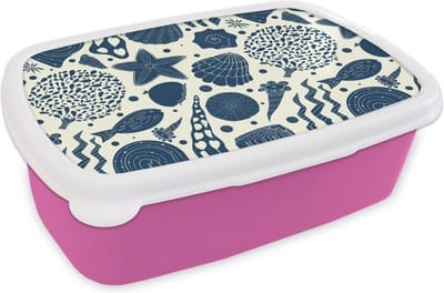 Broodtrommel Roze - Lunchbox - Brooddoos - Schelpen - Strand - Blauw - Patroon - 18x12x6 cm - Kinderen - Meisje