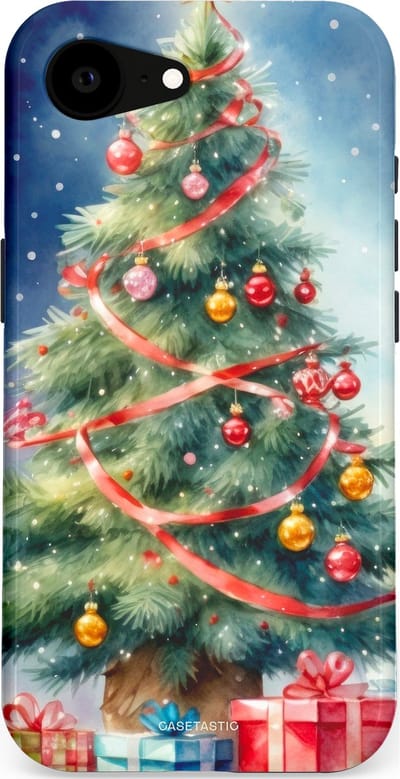 Casetastic hoesje geschikt voor Apple iPhone 16e / Apple iPhone 17e - MagSafe - Dubbellaagse bescherming - Aquarel Kerstboom Cadeau - Fashion Case - Grijs Donkerblauw Saliegroen Beige