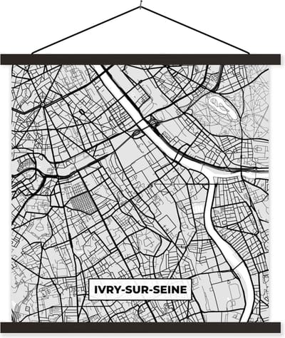 Posterhanger incl. Poster 60x60 cm - Schoolplaat - Plattegrond - Ivry-sur-Seine - Stadskaart - Kaart - Frankrijk - Textielposter - Zwarte latten - Stadskaart