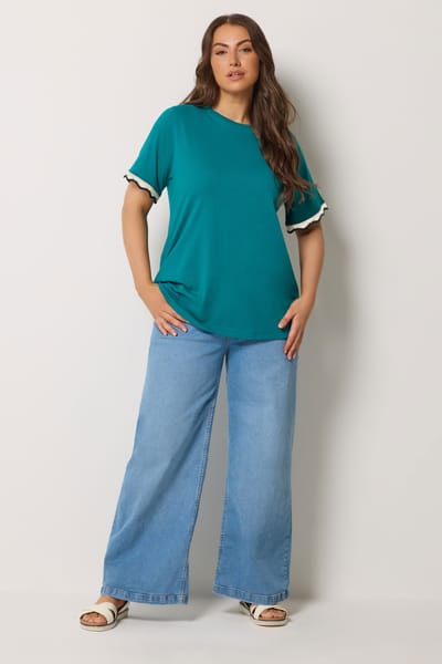 Yours Tealblauw Metallic Tshirt Met Gehaakte Rand Size 42