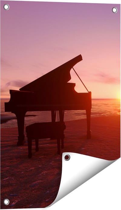Gards Tuinposter Piano op het Strand bij Zonsondergang - 40x60 cm - Tuindoek - Tuindecoratie - Wanddecoratie buiten - Tuinschilderij