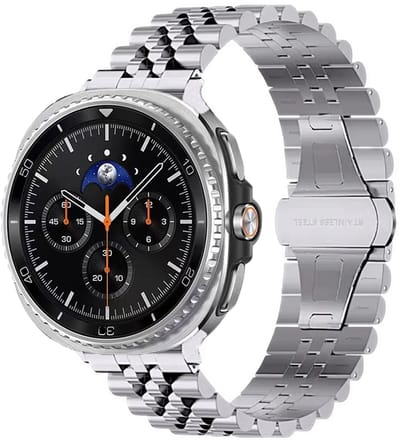 Stravo 5-rij schakels metalen bandje – Geschikt voor Samsung Galaxy Watch 9 (40/44mm) / Watch 8 (40/44mm) / 8 Classic (46mm) – Premium RVS horlogeband met vlindersluiting – inclusief inkortset (Zilver)