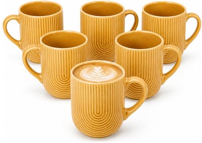 Secret de Gourmet koffie mok Memphis - 6x stuks - okergeel - 300 ml - drink mokken - keramiek - met stijlvol motief