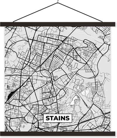 Posterhanger incl. Poster 60x60 cm - Schoolplaat - Frankrijk – Plattegrond – Kaart – Stains – Stadskaart - Textielposter - Zwarte latten - Stadskaart