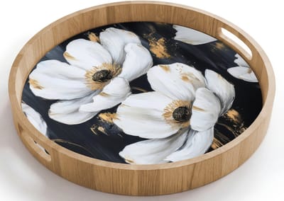 Dienblad rond 40x40 cm - Schootdienblad hout - Bloemen - Wit - Abstract - Borrelplank rechthoek - Plateau houten dienbladen