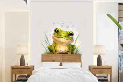 Behang - Fotobehang Kikker - Groen - Waterverf - Dieren - Jongen - Meisje - Breedte 165 cm x hoogte 220 cm