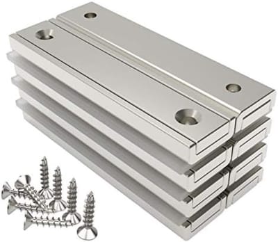 PromoHome 8 stuks rechthoekige magneten, 30 kg kracht, 60 x 13,5 x 5 mm, zilver epoxycoating, roestbestendig, voor buiten, huishouden en industriële potmagneet met schroeven