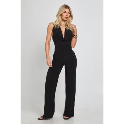 boohoo Dames Gladde Halterneck Jumpsuit Met Waterval Hals | Black | Maat: 12