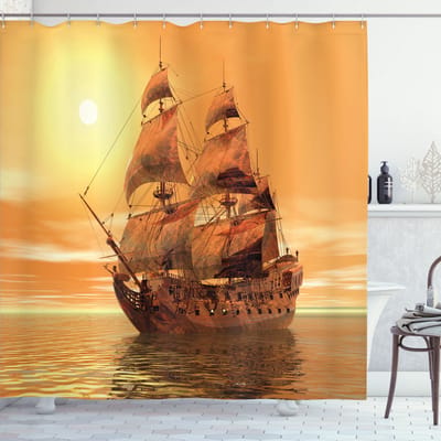 New Bed, Vintage Oceaan Zeedieren Piratenschip Douchegordijn Badkamer Decor Set met Haakjes 180 cm B 200 cm L