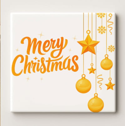 Merry Christmas Keramische Tegel – Elegante Gouden Kerstornamenten Wanddecoratie – Feestelijke Kerst Woondecoratie – 15 × 15 cm