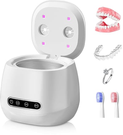 Verbeterde ultrasoonreiniger voor retentoren 45 kHz, prothesenreiniger met 3 timermodi (3/5/10 min) en capaciteit 150 ml, compatibel met prothesen, nachtmondbeschermers, aligners, borstels en sieraden