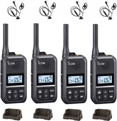 Set van 4 Icom IC-U20SR IP54 mini Portofoon met tafel lader en D-shape oortje