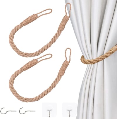 Decoratieve Gordijnbinders van Twisted Hemp Touw - Handgemaakte Gordijnhouders voor een Stijlvolle Interieurafwerking (2 Stuks, Khaki)