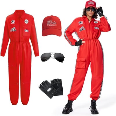Dames Racer Kostuum met Handschoenen, Hoed en Zonnebril voor Carnaval en Cosplay Feestjes