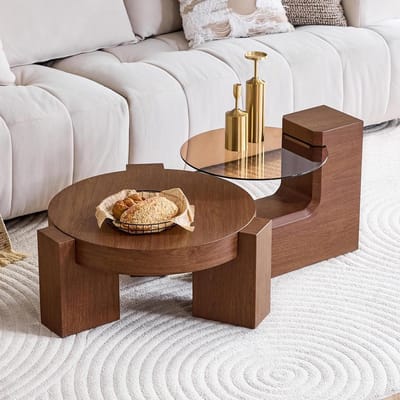 Bladez Salontafel met 2 niveaus en L-vormige poten, ronde demonteerbare bijzettafel met walnootglasplaat en houtlook, voor woonkamer, slaapkamer, salontafel en banktafel, 61 x 61 x 44 cm, walnoot