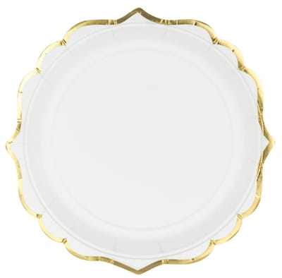 PARTYDECO - 6 kleine witte kartonnen bordjes met gouden gebeitelde randen 18 cm